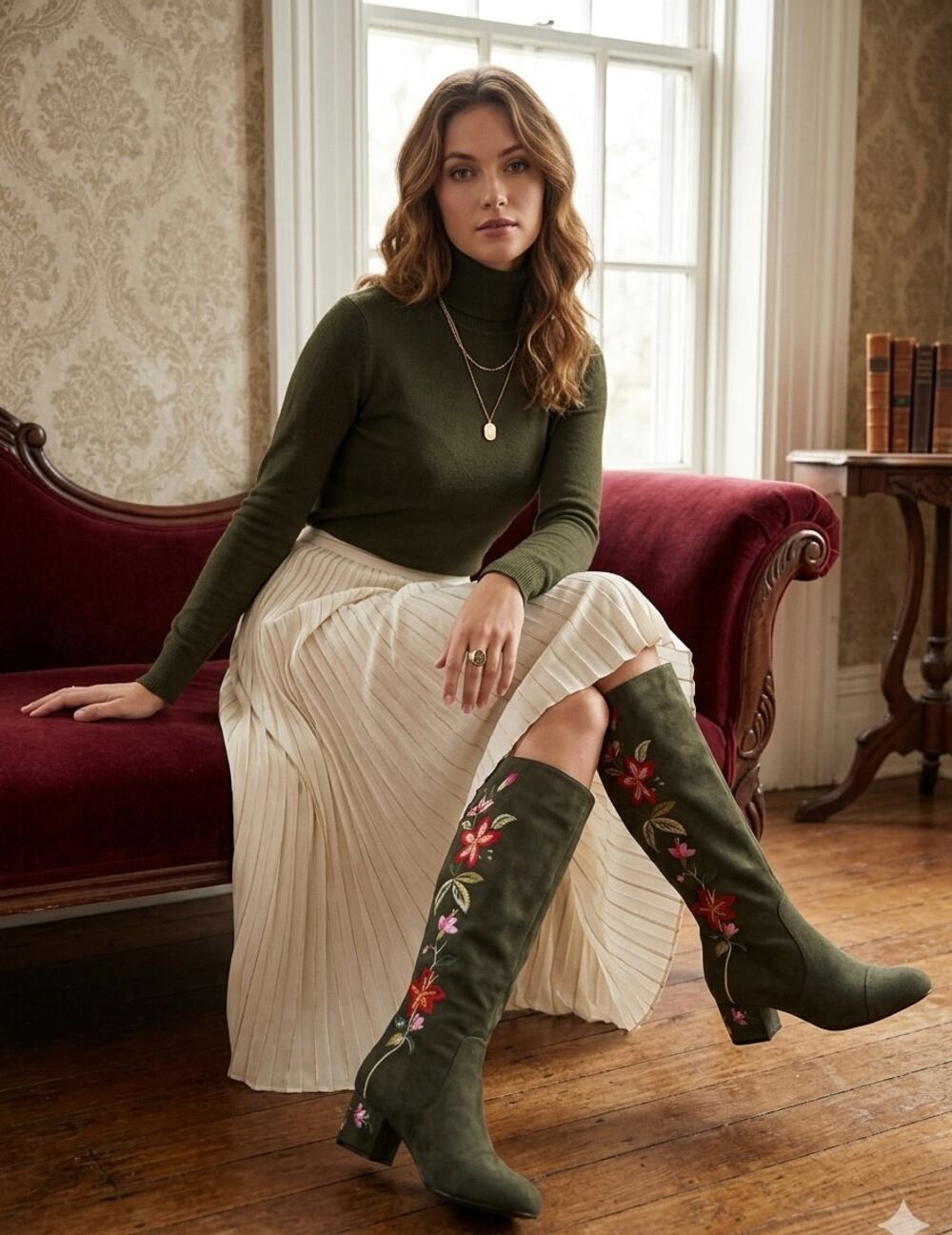 Comfortview Olive Green Faux Suede Floral Embroidered Wide Calf Boots